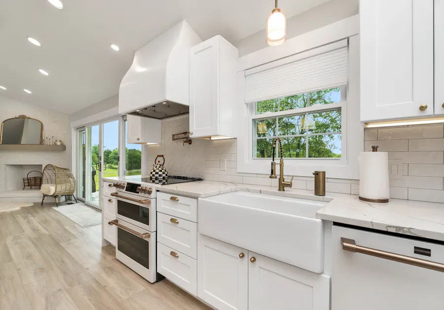 White kitchen cabinets after refinishing